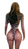 Leopard Print Sheer Mesh Ruched Bum Bodysuit Leggings Set