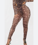 Leopard Print Sheer Mesh Ruched Bum Bodysuit Leggings Set