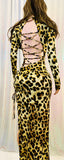 Leopard Print Backless Hollow Splits Maxi Dress