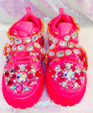 Pink Rhinestone Embellished Chunky Platform Wedge Sneakers