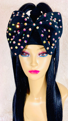 Handmade Oversized Large Black Crystal Bow Headband & Gloves - The Glamorous Life