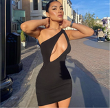 Black Midnight Clubwear Hollow Mini Dress One Shoulder Birthday Outfit for Women Slim Bodycon Party Dress - The Glamorous Life