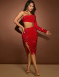 SXY Red One Shoulder Crop Sequin Top & Split Thigh Skirt