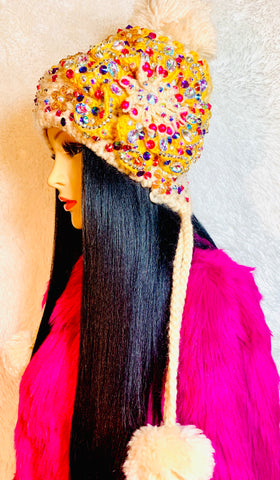 Pink Yellow Crystal Bling Crochet Knit Hat - The Glamorous Life