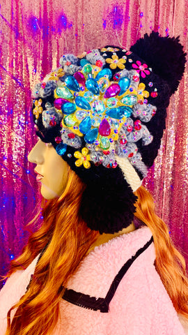 Black Skittle Bling Crystal Crochet Knit Hat - The Glamorous Life
