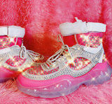 Pink Studded Rhinestone Crystal Lace Up High Top Sneakers - The Glamorous Life 101
