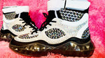 BLACK STUDDED RHINESTONE CRYSTAL LACE UP HIGH TOP SNEAKERS - The Glamorous Life 101