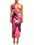 Tie Dye Summer Dress Women Waist Cut Out Backless Halter Robe Festival Clubwear Bodycon Sexy Party Maxi Dress - The Glamorous Life