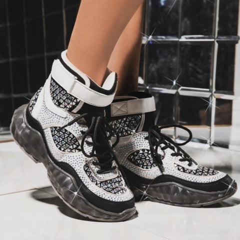 BLACK STUDDED CRYSTAL RHINESTONE LACE UP HIGH TOP SNEAKERS