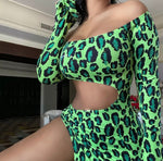 New Style Green Leopard Printing Mini Dresses Off-shoulder Full Sleeve Hollow Out Sexy Irregular Lady Bandage - The Glamorous Life