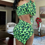 New Style Green Leopard Printing Mini Dresses Off-shoulder Full Sleeve Hollow Out Sexy Irregular Lady Bandage - The Glamorous Life