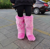 Pink Faux Fur High Knee Winter Boots & Faux Fur Headband