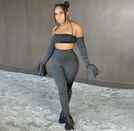 Women’s Black Off the Shoulder Flare Long Sleeve Crop Top Pants Two Piece Set - The Glamorous Life