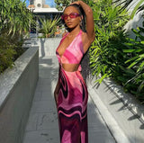 Tie Dye Summer Dress Women Waist Cut Out Backless Halter Robe Festival Clubwear Bodycon Sexy Party Maxi Dress - The Glamorous Life