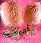 Women’s Mermaid Pink Silver Sequin Faux Mongolian Fur Winter Boots - The Glamorous Life