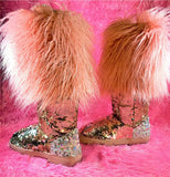 Women’s Mermaid Pink Silver Sequin Faux Mongolian Fur Winter Boots - The Glamorous Life
