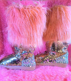 Women’s Mermaid Pink Silver Sequin Faux Mongolian Fur Winter Boots - The Glamorous Life