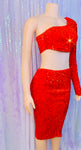 SXY Red One Shoulder Crop Sequin Top & Split Thigh Skirt