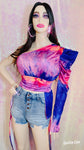 One Shoulder Tye Die  Blouse Women Long Sleeve Asymmetrical Casual Blouse Top