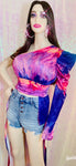 One Shoulder Tye Die  Blouse Women Long Sleeve Asymmetrical Casual Blouse Top