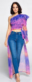 One Shoulder Tye Die  Blouse Women Long Sleeve Asymmetrical Casual Blouse Top