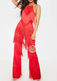 Red Fringe Tassel Cross Back Flare Leg Jumpsuit - The Glamorous Life