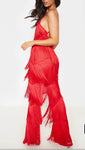 Red Fringe Tassel Cross Back Flare Leg Jumpsuit - The Glamorous Life