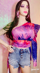 One Shoulder Tye Die  Blouse Women Long Sleeve Asymmetrical Casual Blouse Top